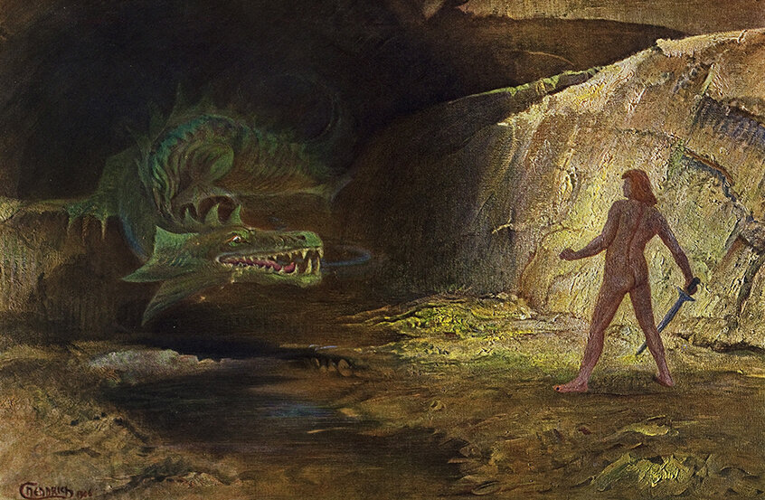 Zu sehen ist eine farbige Abbildung aus "Der Ring des Nibelungen" mit Bildern von Hermann Hendrich.  Rechts Siegfried, links der Drachen.