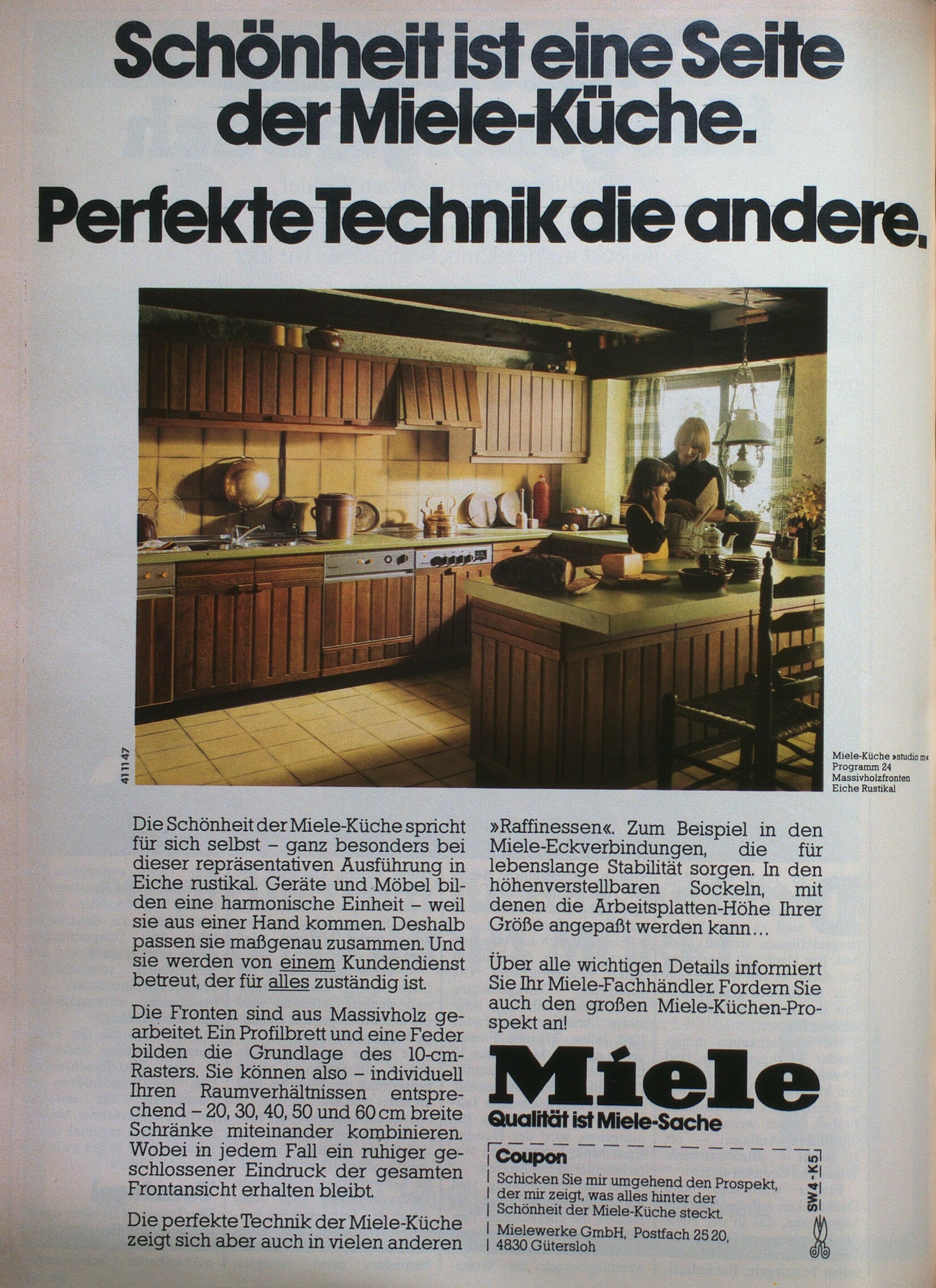 Zu sehen ist eine Werbeanzeige der Firma Miele in der Zeitschrift Schöner Wohnen von April 1977.