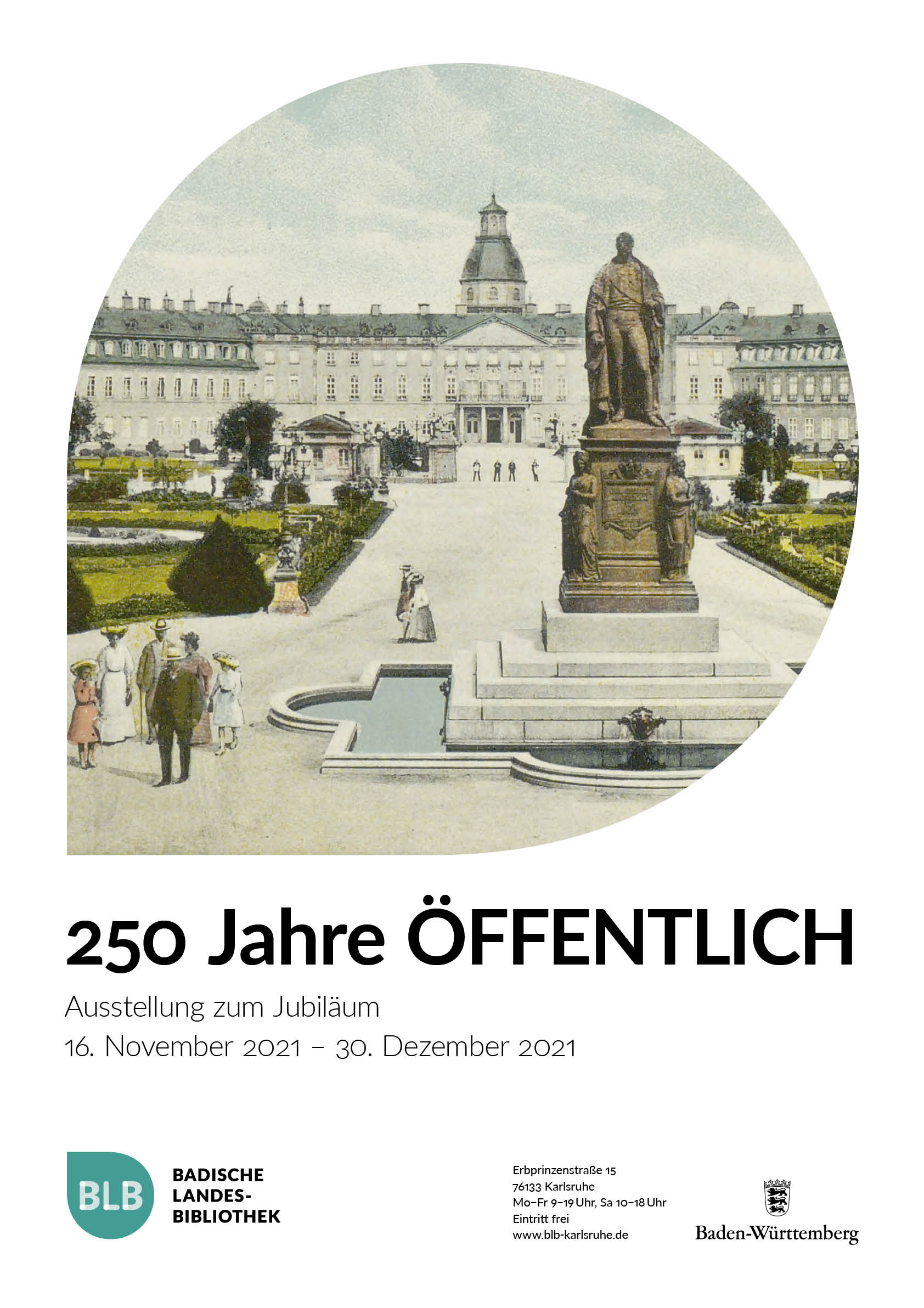 Buchcover der Publikation "250 JAHRE ÖFFENTLICH". Darauf zu sehen ist eine historische Ansicht des Schlosses Karlsruhe mit vorgelagertem Parkbereich. 