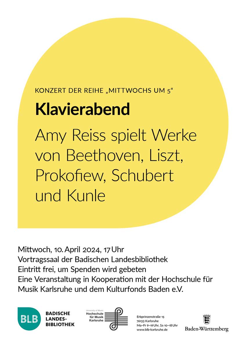 Zu sehen ist ein gelbes Monogon mit der Aufschrift "Konzert der Reihe Mittwochs um 5: Klavierabend mit Amy Reiss" 