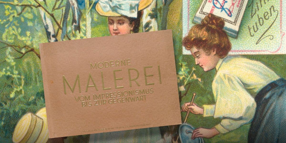 Im Hintergrund ist eine Pickszene im Grünen abgebildet. Diese wird aber durch die Darstellung eines Covers des Sammelalbums „Moderne Malerei: Vom Impressionismus bis zur Moderne“ überlagert.