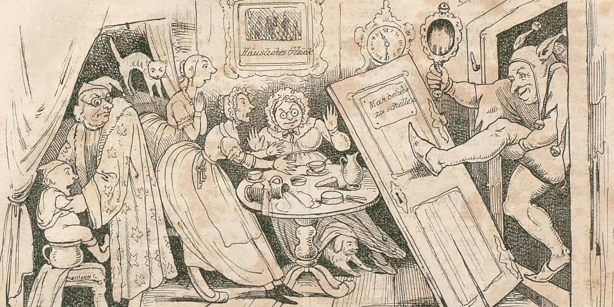 Die Zeichnung zeigt einen Narr, der mit der Tür ins Haus fällt. Er hält einen Spiegel in der Hand. Im Raum sind bestürzte Damen zu sehen, die gerade dabei waren, ihren Tee einzunehmen.