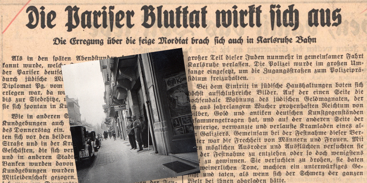 Im Hintergrund ist der Artikel „Die Pariser Bluttat wirkt sich aus“ zu sehen, davor ist ein Foto abgebildet, das den Boykott jüdischer Geschäfte in der Herrenstraße zeigt.