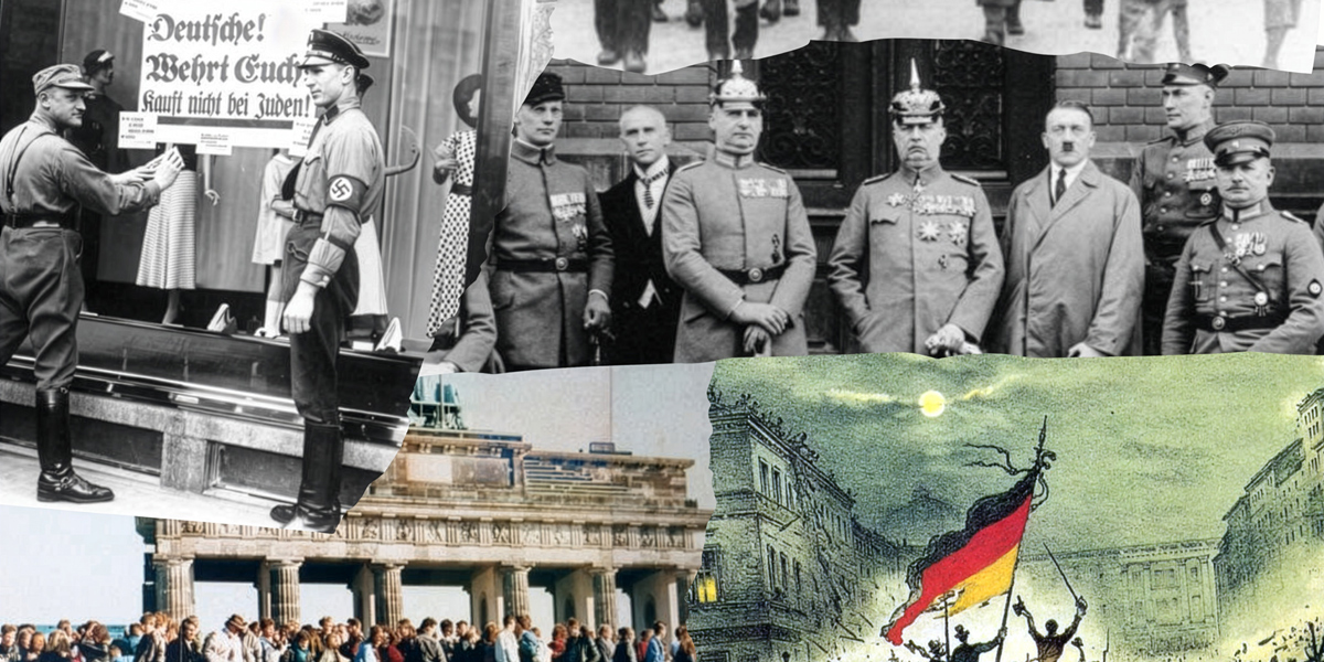 Auf der Fotocollage sind verschiedene historische Ereignisse am 9. November zu sehen, die mit der deutschen Geschichte verbunden sind.