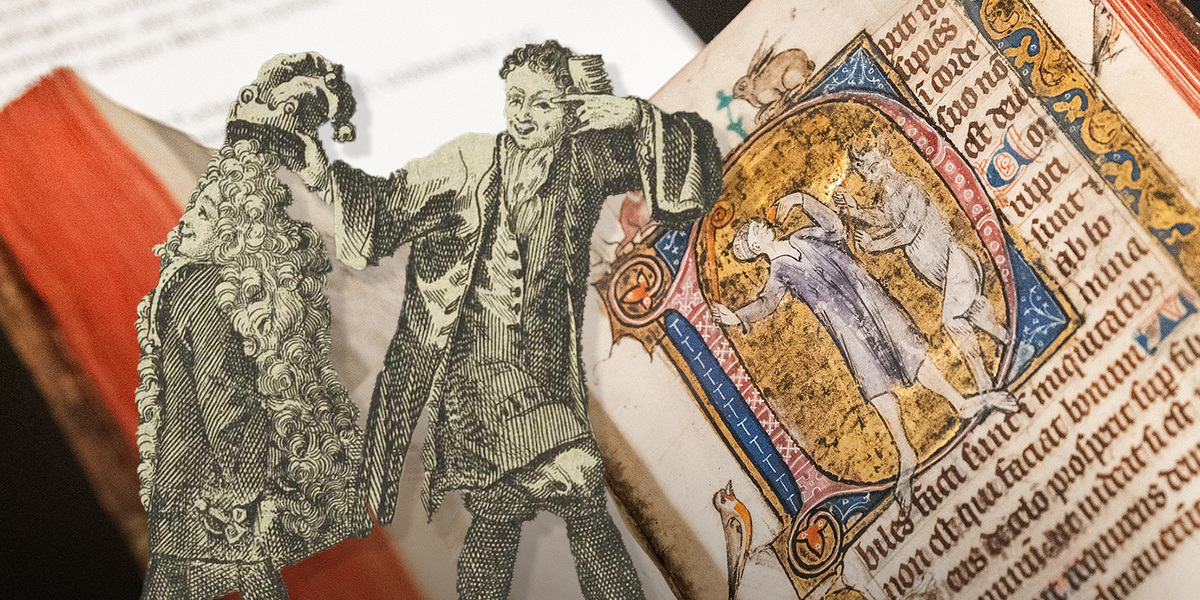 Die Collage zeigt links den „Perücken-Narr“ und rechts die Psalter-Abbildung „Narr und Teufel“.