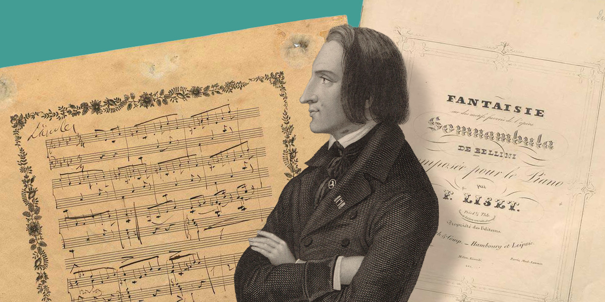 Der Stahlstich zeigt ein Portrait von Franz Liszt, im Hintergrund sind ein Notenblatt und ein Titelblatt abgebildet.