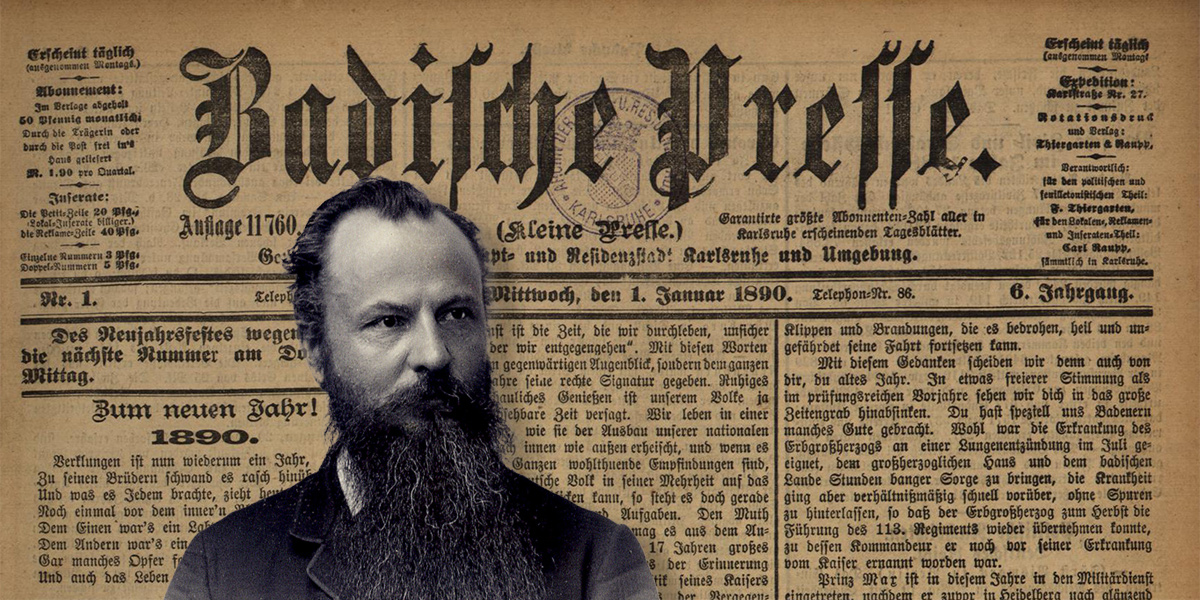 Zu sehen ist im Hintergrund das Titelblatt der Badischen Presse vom 1. Januar 1890, davor ein Portraitfoto von Ferdinand Thiergarten (1892).