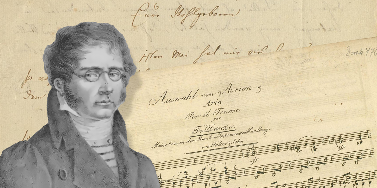 Zu sehen ist eine Collage mit einem Portrait von Franz Danzi im Vordergrund. Dahinter ist ein Notenblatt mit dem Titel „Auswahl von Arien. Aria per il tenore“ zu erkennen sowie ein kleiner Ausschnitt eines Briefes von Danzi, gerichtet an André Gervais.