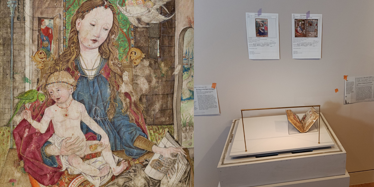 Zu sehen ist links die Miniatur aus Cod. St. Georgen 41: Maria mit dem Kind, das einen Papagei in der Hand hält. Rechts ist ein Foto des Ausstellungsaufbaus im Louvre zu sehen. Eine Vitrine ist geöffnet, das Gebetbuch ist rechts platziert. An der Wand sind Zettel mit Informationen zum Aufbau zu erkennen.