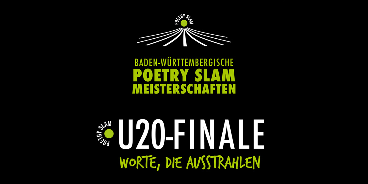 Logo der Baden-Württembergischen Meisterschaften im Poetry Slam. Darunter steht auf schwarzem Untergrund U20-Finale mit dem Motto „Worte, die ausstrahlen“.