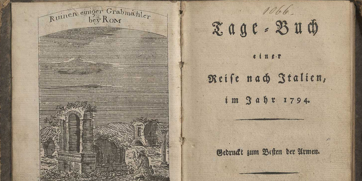 Zu sehen ist ein geöffnetes Buch, links ist eine Skizze einer Ruine bei Rom zu sehen, sowie ein Zitat von Baumberg, auf der rechten Seite befindet sich die Titelseite des Buches.