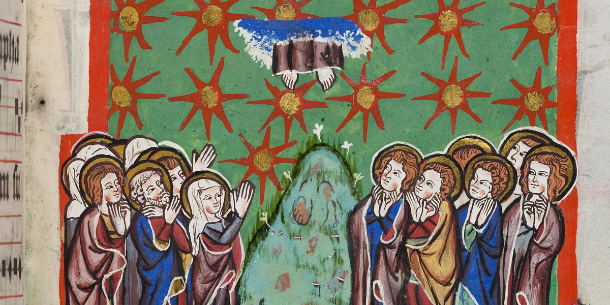 Mittelalterliche Buchmalerei zeigt eine Gruppe von Heiligen mit Heiligenscheinen vor grünem Hintergrund mit rot-goldenen Sternmustern und einer Himmelfahrtsszene in der Mitte.