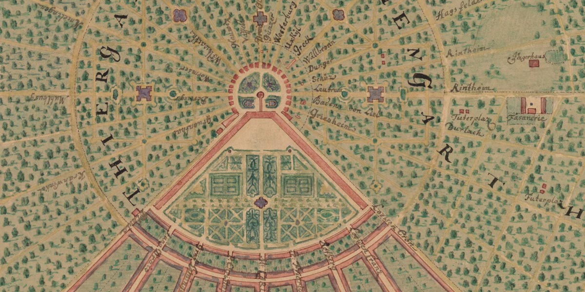 Stadtplan von Karlsruhe (Ausschnitt) von Johann Friedrich von Batzendorf, 1718, Kopie von W. Bender, 1882. 