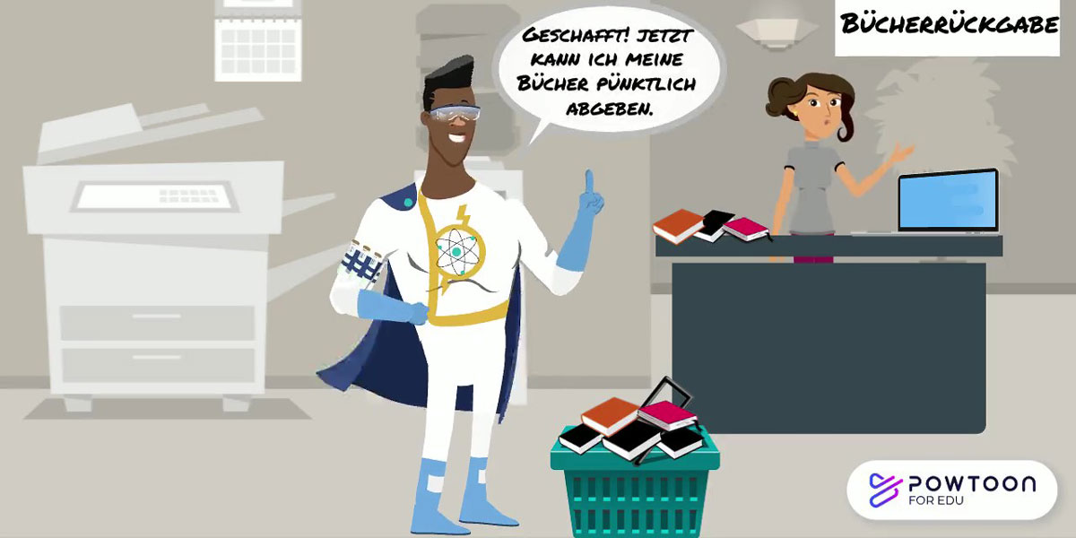Zu sehen ist eine Comicszene: Ein Mann im Superheldenkostüm bringt Bücher zur Rückgabe. Neben ihm eine Sprechblase mit „Geschafft! Jetzt kann ich meine Bücher pünktlich abgeben.“