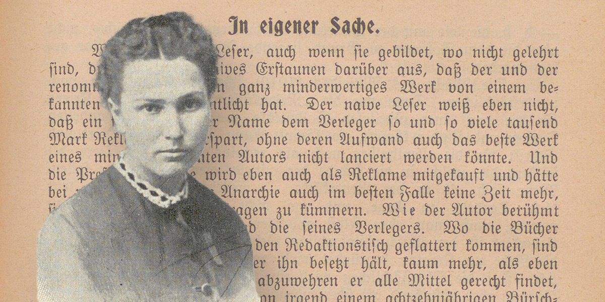 Die Grafik zeigt Augusta Bender in jungen Jahren. Im Hintergrund ein Abdruck von „In eigener Sache“.