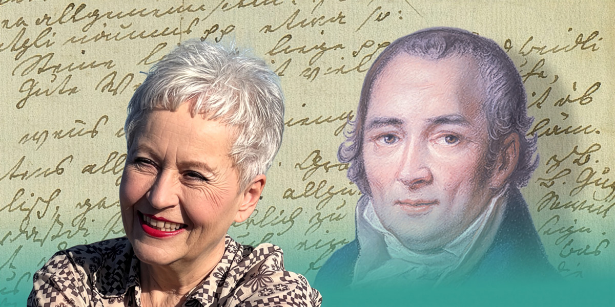 Im Hintergrund ein Portrait von Johann Peter Hebel und ein handgeschriebener Brief. Im Vordergrund als Collage ein Foto von Dr. Ulrike Draesner.