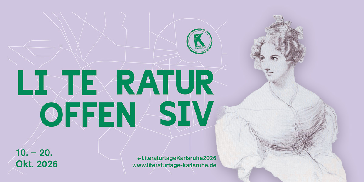 Logo der Literaturtage Karlsruhe mit dem Schriftzug „Literatur offensiv“. Rechts daneben eine Portraitzeichnung, die die Dichterin Friederike Robert zeigt.