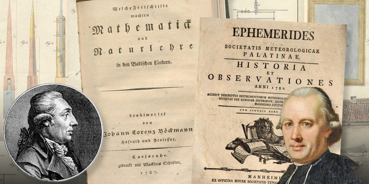 Jeweils ein Portrait von Johann Lorenz Böckmann (links) und Johann Jakob Hemmer (rechts) sind zu sehen. Im Hintergrund sind Titelblätter ihrer bedeutenden Werke zur Wetterkunde.