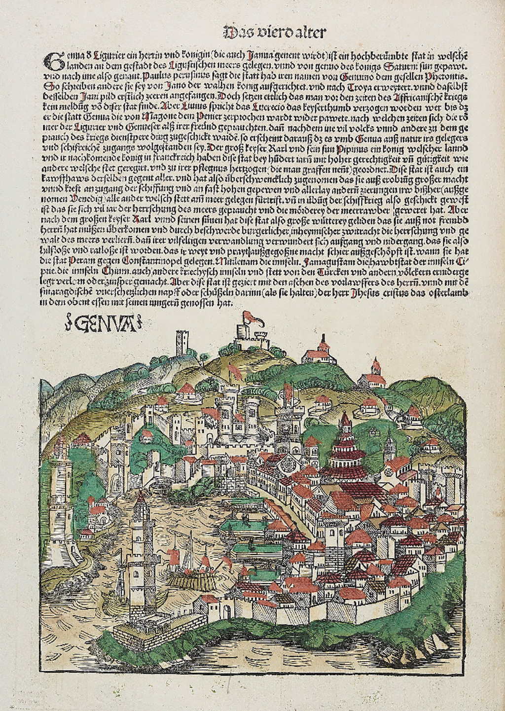 Das Bild zeigt eine Seite aus der Schedelschen Weltchronik, Nürnberg 1493 (Sign. Kb 22, LVIIIv). Zu sehen ist die Stadtansicht von Genua.