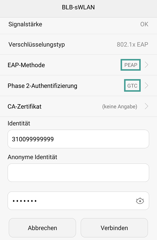 Zu sehen ist ein Screenshot mit grundlegenden Einstellungen zur Einwahl in das sWLAN der BLB. Aufgeführte Parameter sind: Signalstärke OK, Verschlüsselungstyp 802.1xEAP, EAP-Methode PEAP, Phase 2-Authentifizierung GTC, CA-Zertifikat keine Angabe, Identität Benutzernummer, Anonyme Identität keine Angabe, ein verschlüsseltes Passwort und die Buttons Abbrechen und verbinden.   