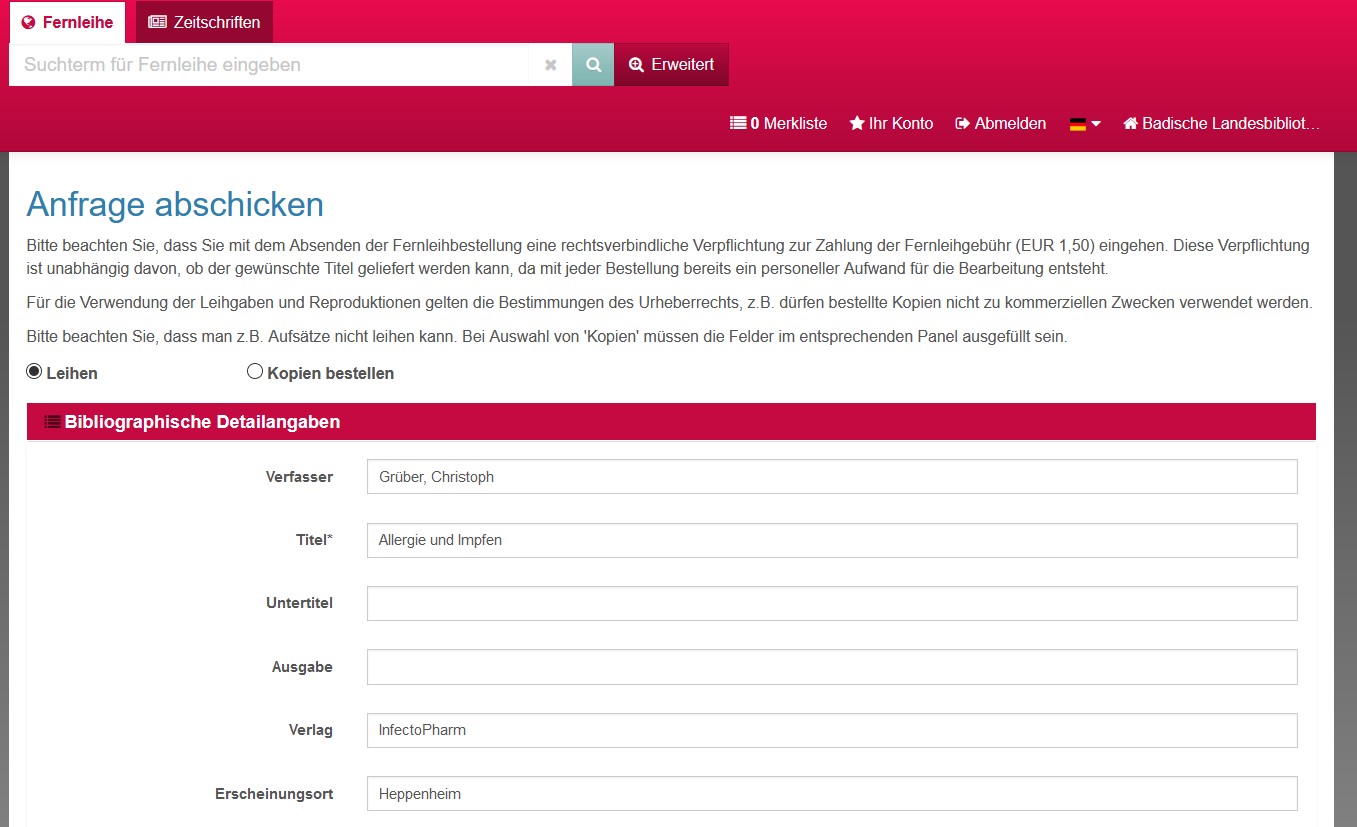 Abgebildet ist ein Screenshot des Anfrageformular im Fernleihportal.