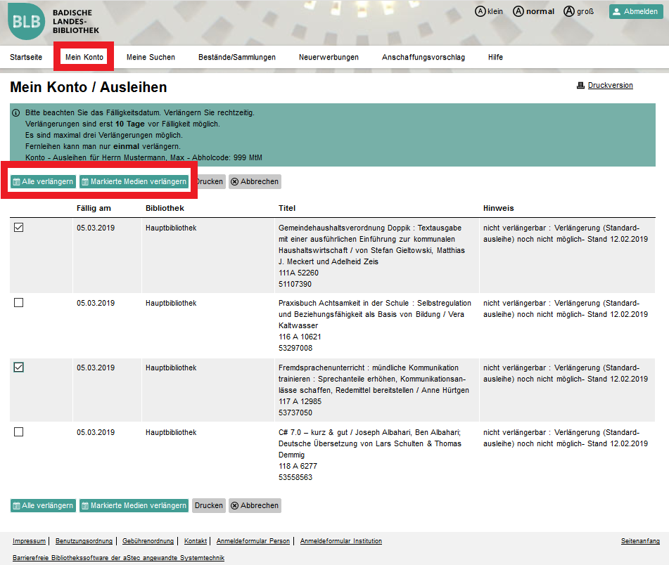 Bildschirmfoto der Seite mit ausgeliehenen Büchern. Rot umrandet ist der Reiter "Mein Konto", sowie die Buttons "Alle verlängern" und "Markierte Medien verlängern".