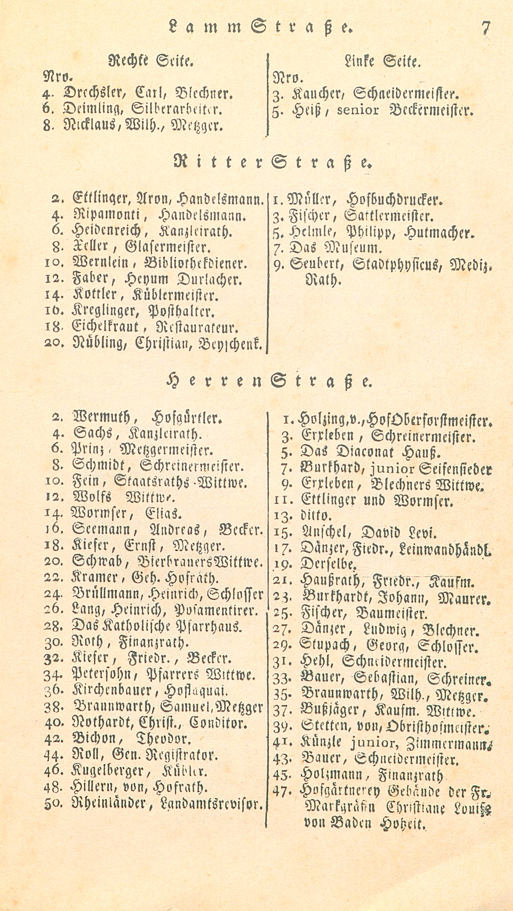 Eine Seite aus dem ersten Adressbuch für Karlsruhe von 1818 ist zu sehen.