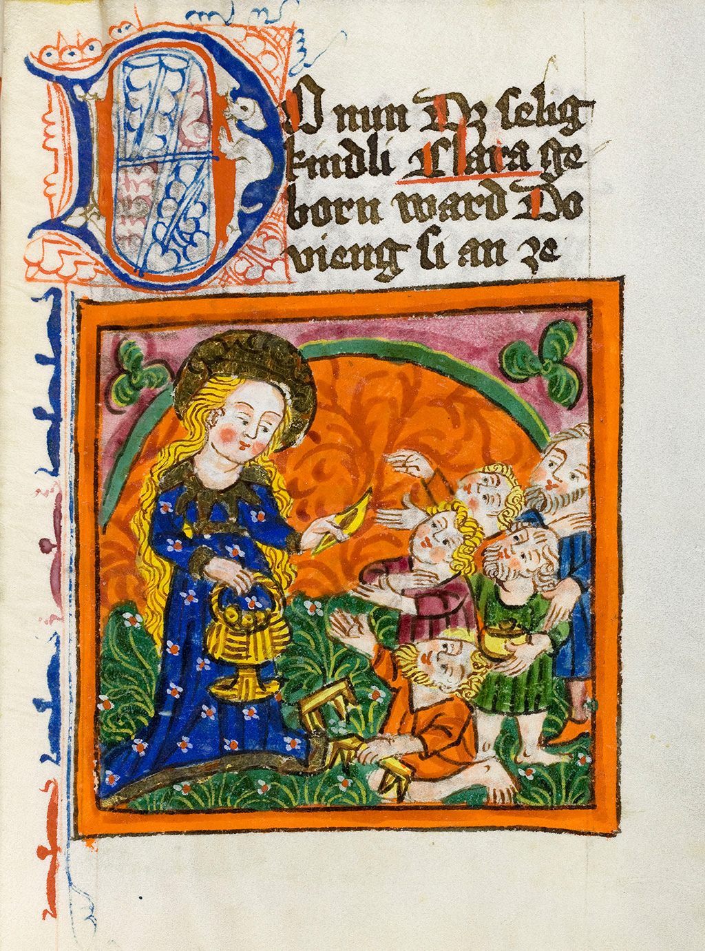 Zu sehen ist eine Szenerie aus dem sogenannten Klarenbuch bei der Maria Essen an Gläubige verteilt.  