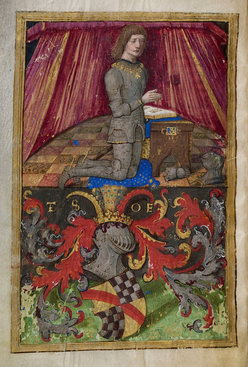 Zu sehen ist eine Szenerie aus dem Stundenbuch des Markgrafen  Christoph I. von Baden. Im oberen Bildbereich kniet eine Person vor einem Gebetstisch mit einem aufgeschlagenen Buch. Im unteren Bildbereich sind Helm und Schild mit den badischen Farben dargestellt.  