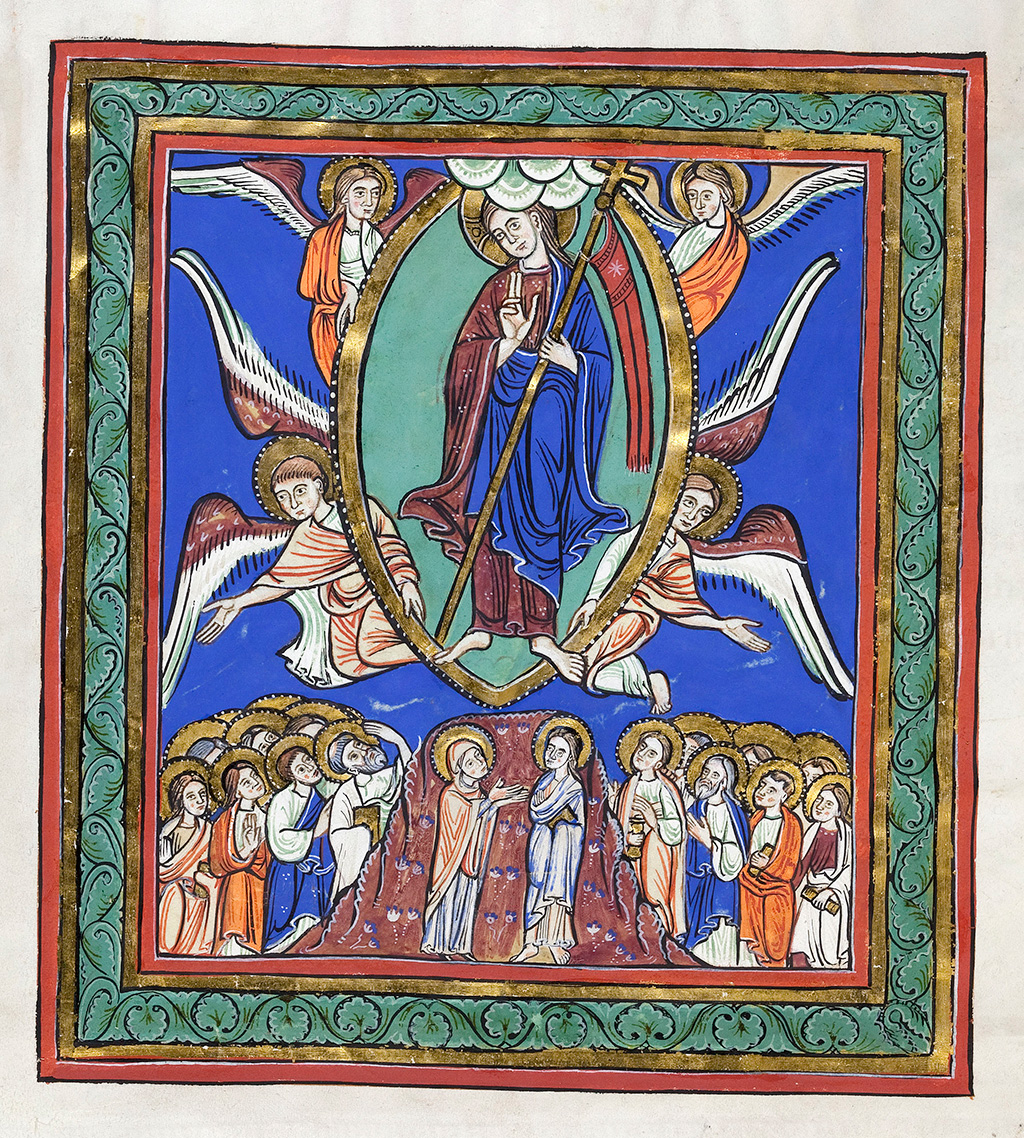 Zu sehen ist Christus im Himmel, umrandet von vier Engeln. Darunter befindet sich eine Menschenmenge die zu ihm aufblickt. 