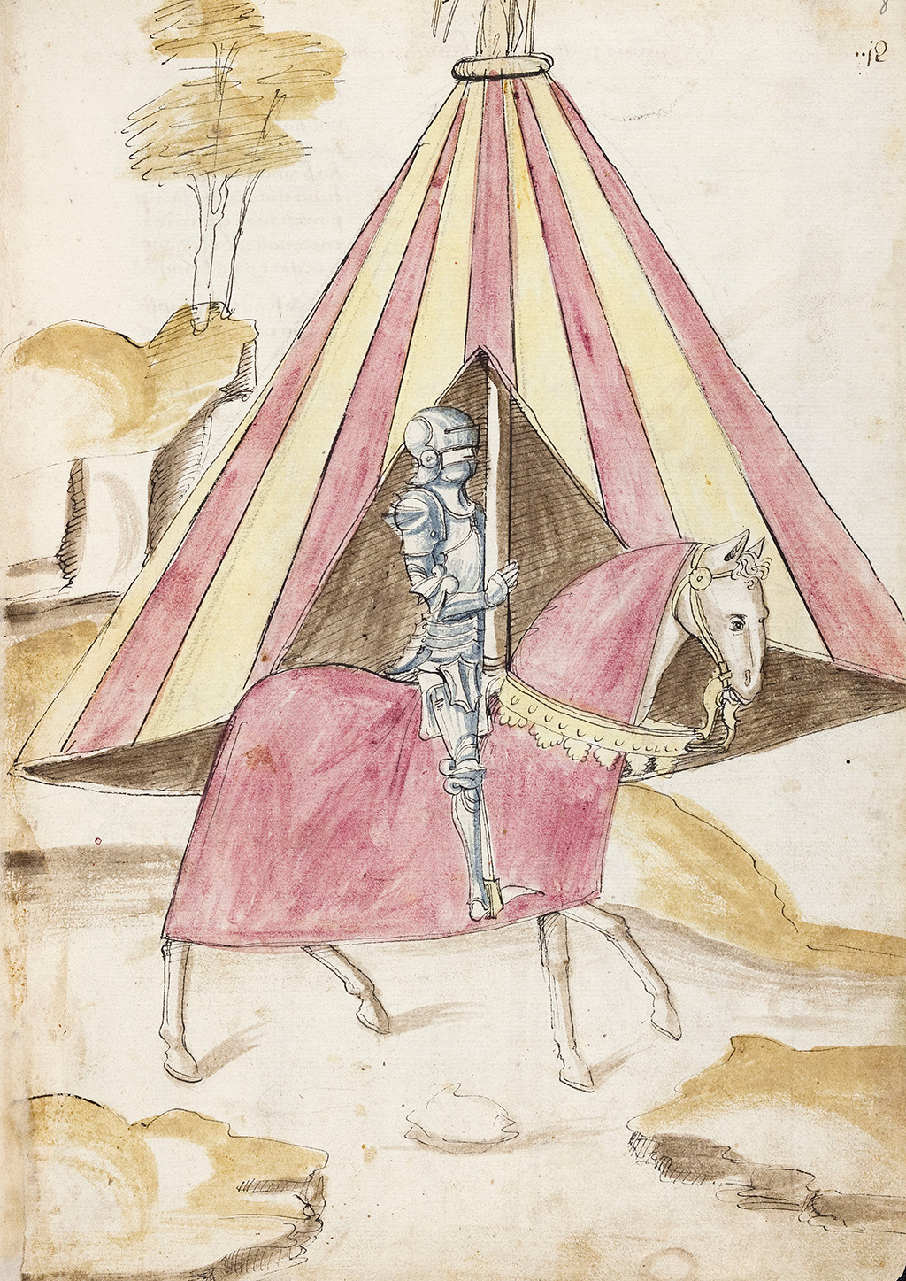 zu sehen ist ein Ritter in voller Rüstung auf einem Pferd. Dahinter befindet sich ein Zelt. 