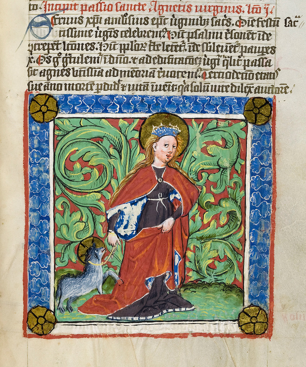 Zu sehen ist ein mittelalterlicher Mönche der eine Ziege an einer Leine führt. 