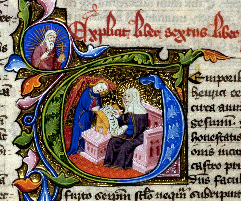 Zu sehen ist die heilige Brigitta, die vor einer Schriftrolle sitzt die ihr gerade von einem Engel dargereicht wird. 