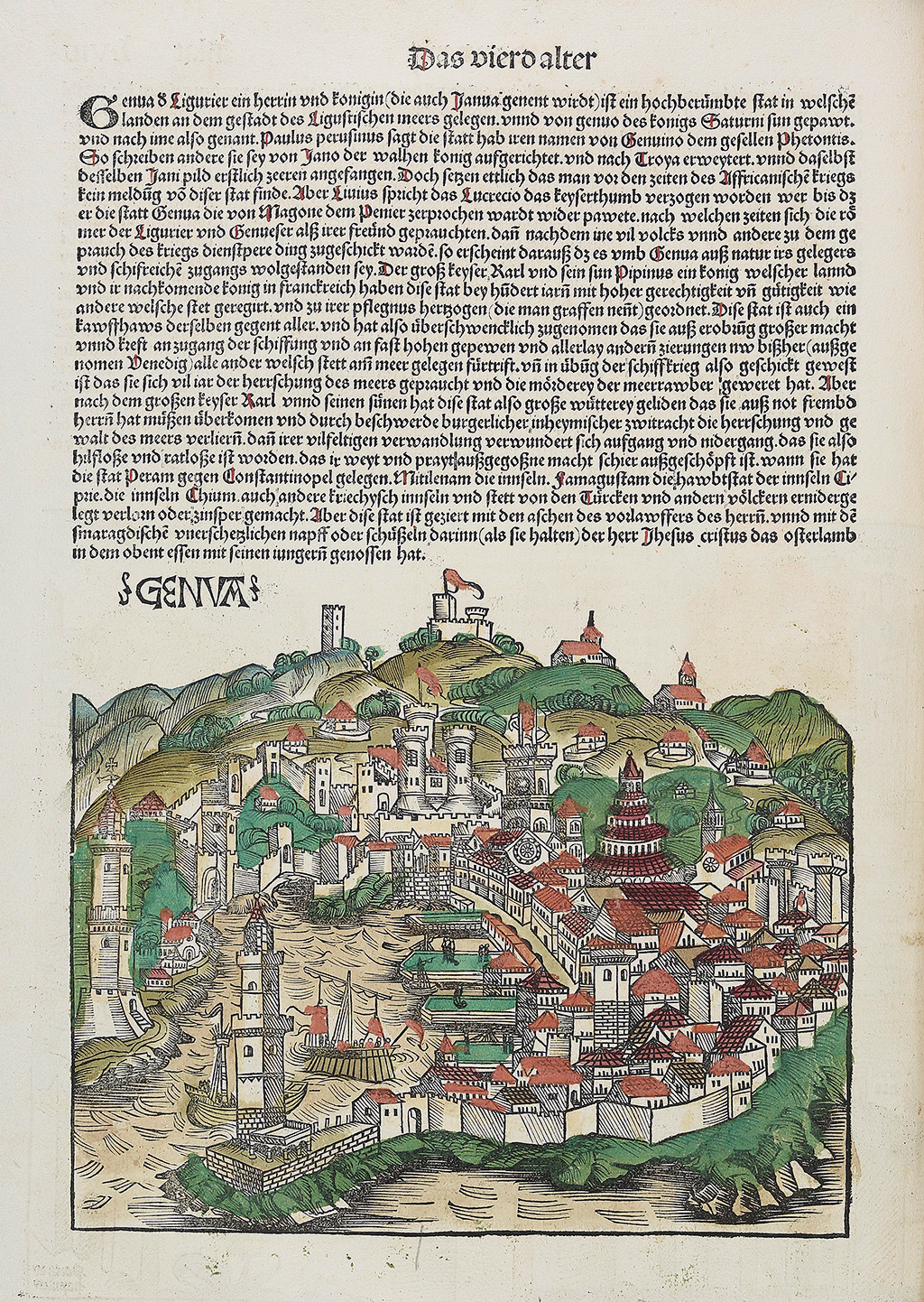 Zu sehen ist eine Seite aus der Schedelschen Weltchronik mit der Darstellung der Stadt Genua.