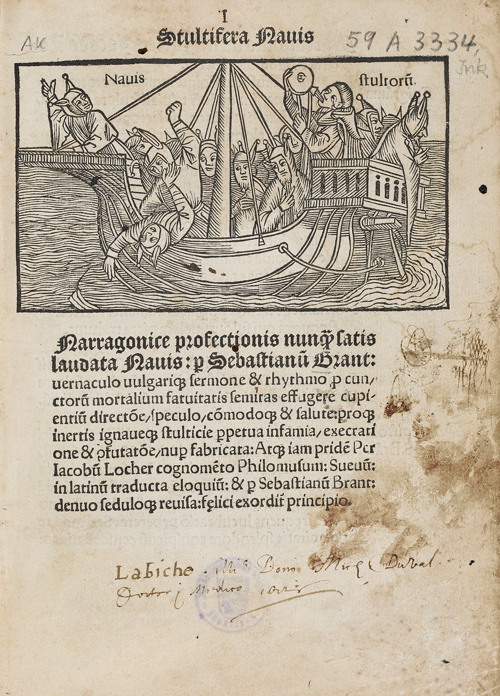 Zu sehen ist die Seite mit dem Holzschnitt des Narrenschiffs in der Pariser Ausgabe des Textes von 1498.