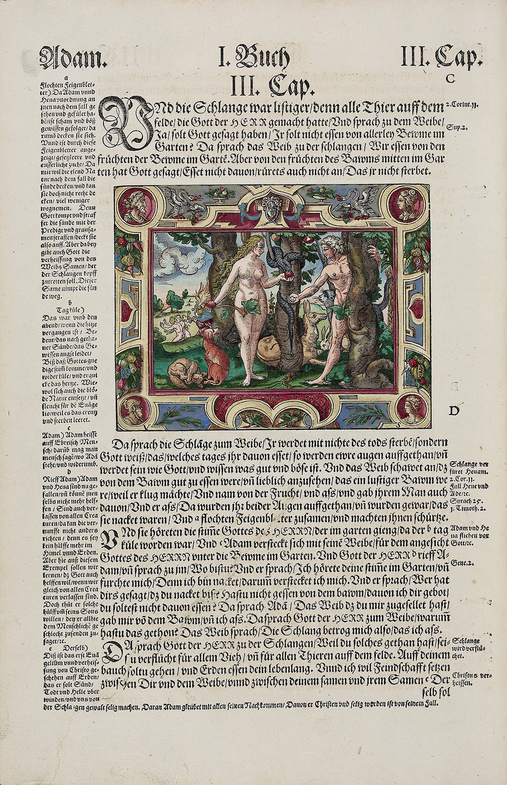 Zu sehen ist die Seite mit dem kolorierten Holzschnitt vom Sündenfall mit Adam und Eva in der sogenannten Pfalzgrafenbibel von 1560.