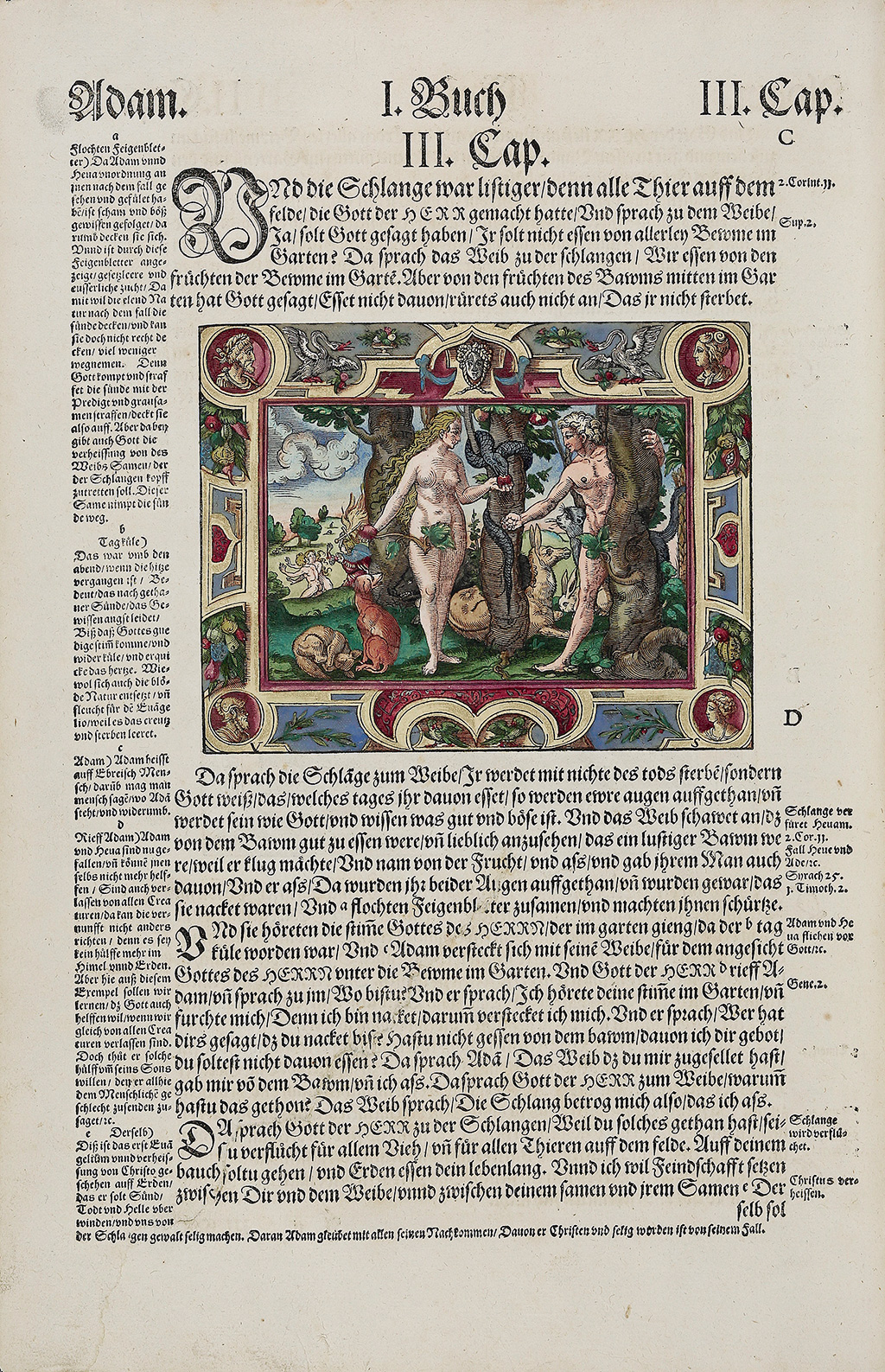 © Foto: Badische Landesbibliothek Karlsruhe Zu sehen ist die Seite mit dem kolorierten Holzschnitt vom Sündenfall mit Adam und Eva in der sogenannten Pfalzgrafenbibel von 1560.