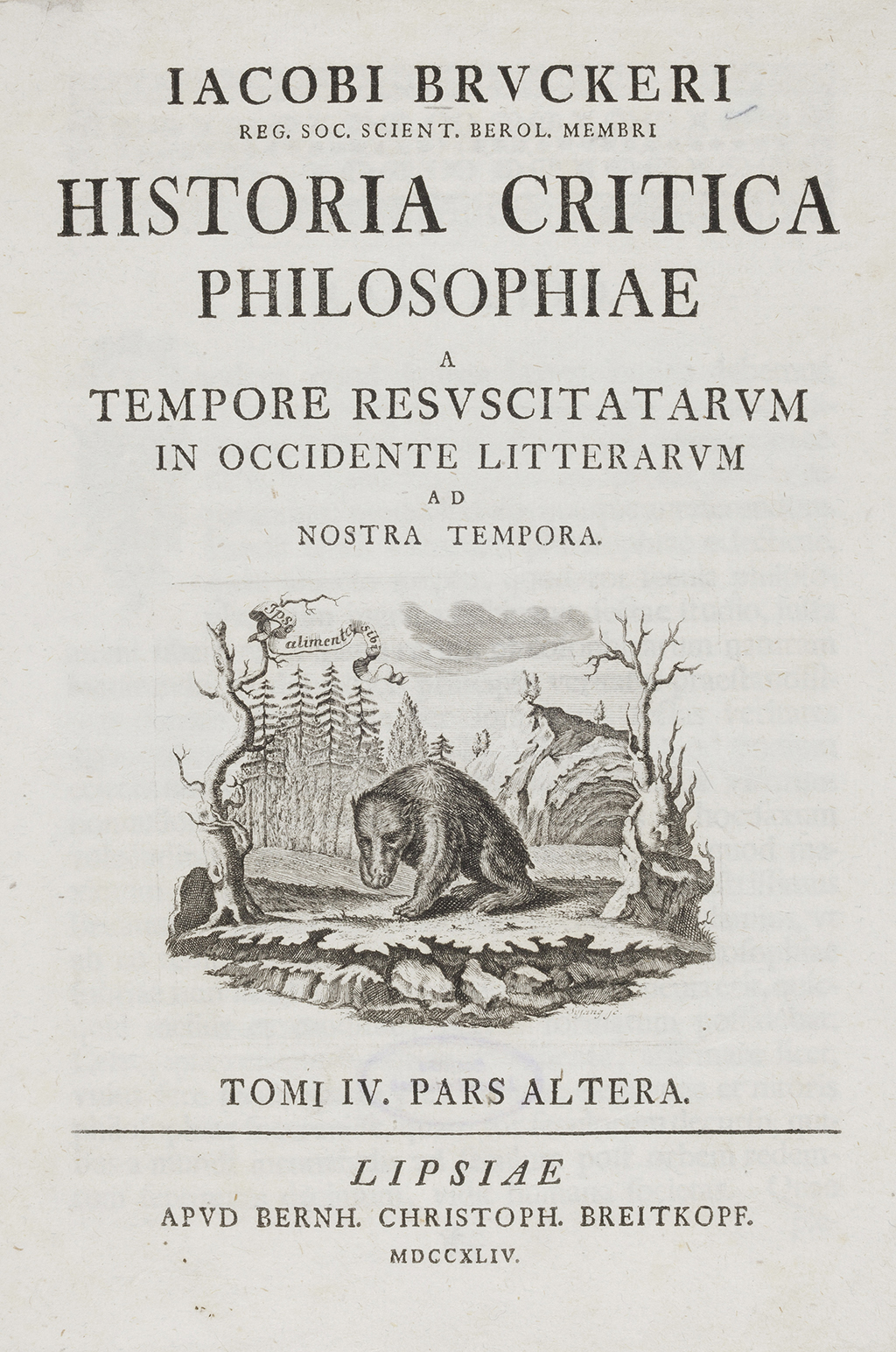Zu sehen ist das Titelblatt des zweiten Teils des vierten Bandes der Historia critica philosophiae von Johann Jakob Brucker. Der Band stammt aus der Bibliothek von Alfred Mombert.