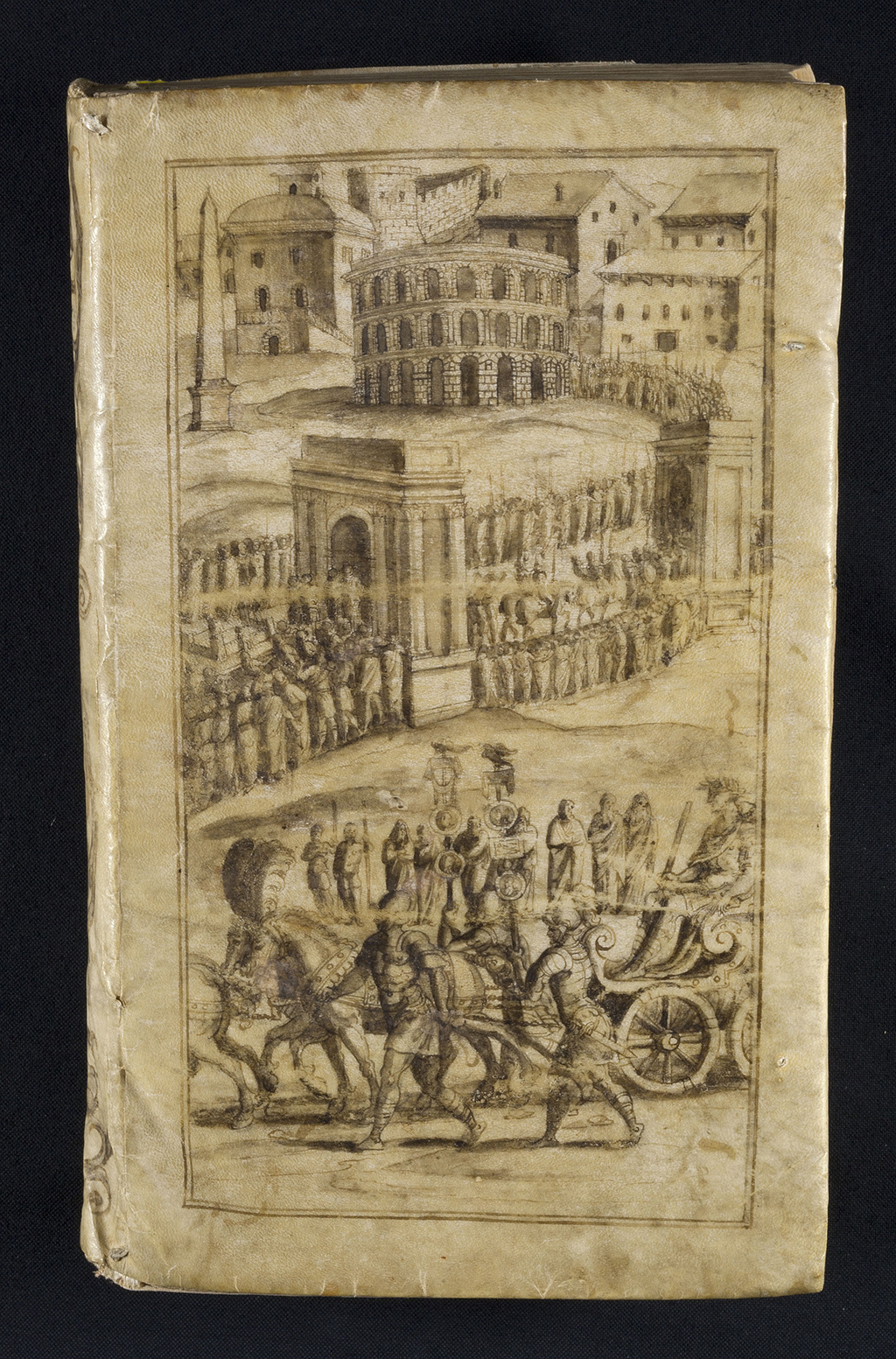 Auf dem Vorderdeckel des bemalten Einbandes des Cesare Vecellio aus dem Jahr 1586 sieht man eine Stadtkulisse mit Triumphbogen, Amphitheater und Obelisk und davor einen Triumphwagen mit einer Göttin, die in die Stadt einzieht. Der Pergamentband mit kunstvollen Federzeichnungen auf dem Vorder- und Rückdeckel stammt aus der Bibliothek des Venezianers Oderico Pillone.