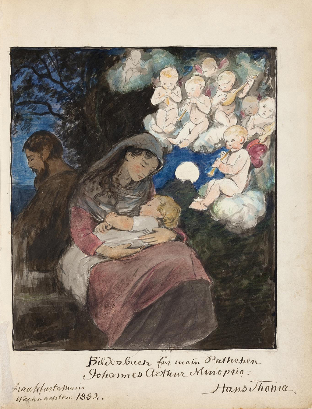 Das Weihnachtsbild aus dem Bilderbuch für sein Patenkind Johannes Arthur Minoprio von Hans Thoma zeigt die Heilige Familie: Josef Maria und das Kind und darüber eine Schar von Engeln.