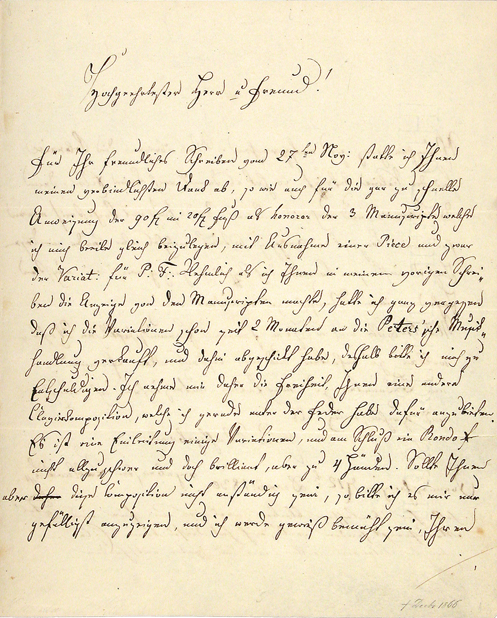Zu sehen ist die erste Seite eines Briefes von Johann Wenzel Kalliwoda an seinen Verleger Breitkopf & Hertel vom 12. Dezember 1830. 