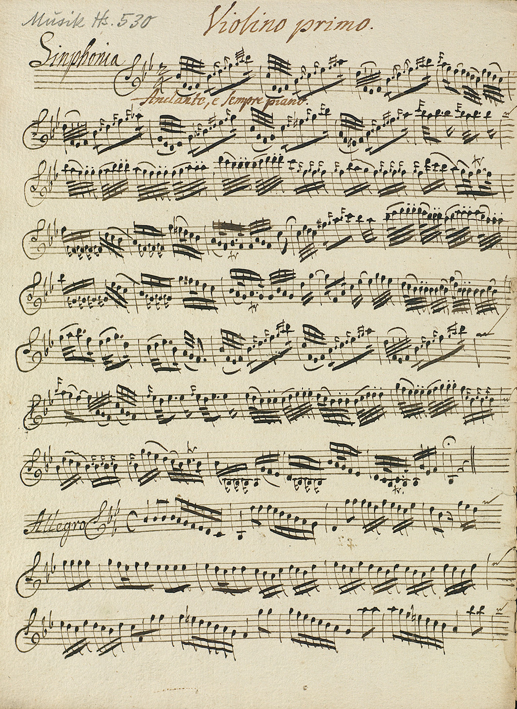 Zu sehen ist eine Notenseite aus der Sinfonie in B-Dur von Johann Melchior Molter aus dem Jahr 1730. Es handelt sich um den Notensatz für die erste Violine. 