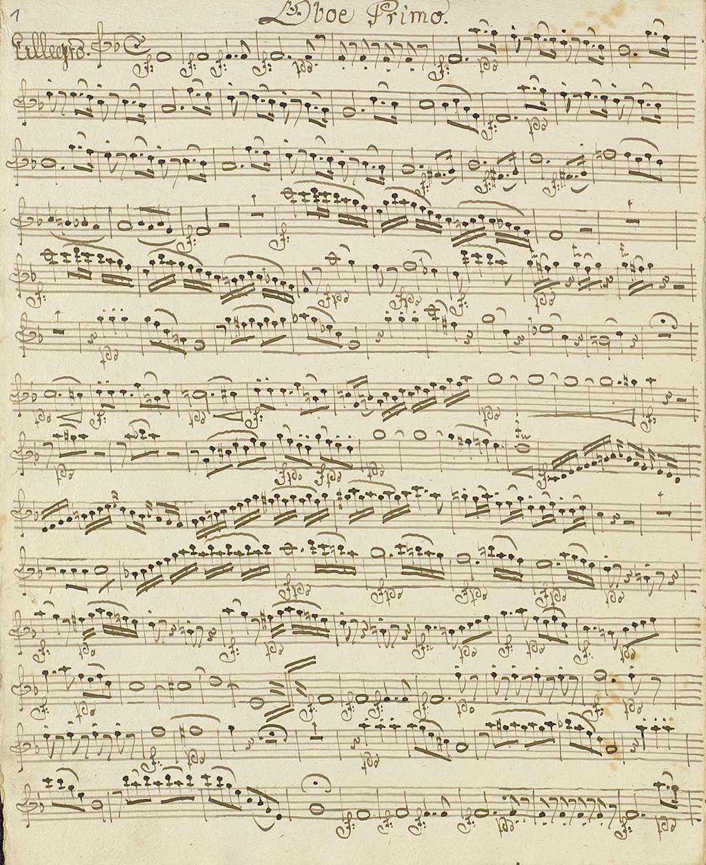 Zu sehen ist eine Notenseite aus den Divertimentos von Wolfgang Amadeus Mozart in der Bearbeitung von Franz Josef Rosinack. Entstanden ist die Notenhandschrift um 1800. 