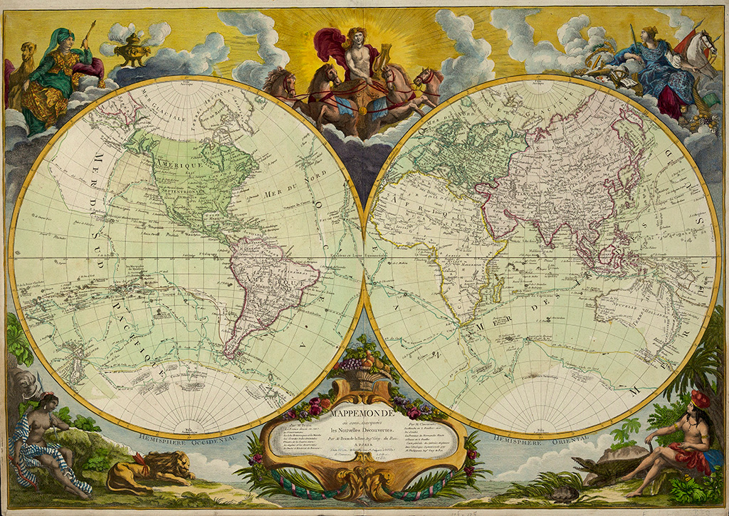 Die grenzkolorierte Weltkarte von Louis Brion de la Tour aus dem Jahr 1783 zeigt die zwei Hemisphären nebeneinander. Der Bildrand ist mit den Symbolfiguren der fünf Kontinente in farbigen Darstellungen höchst kunstvoll dekoriert.