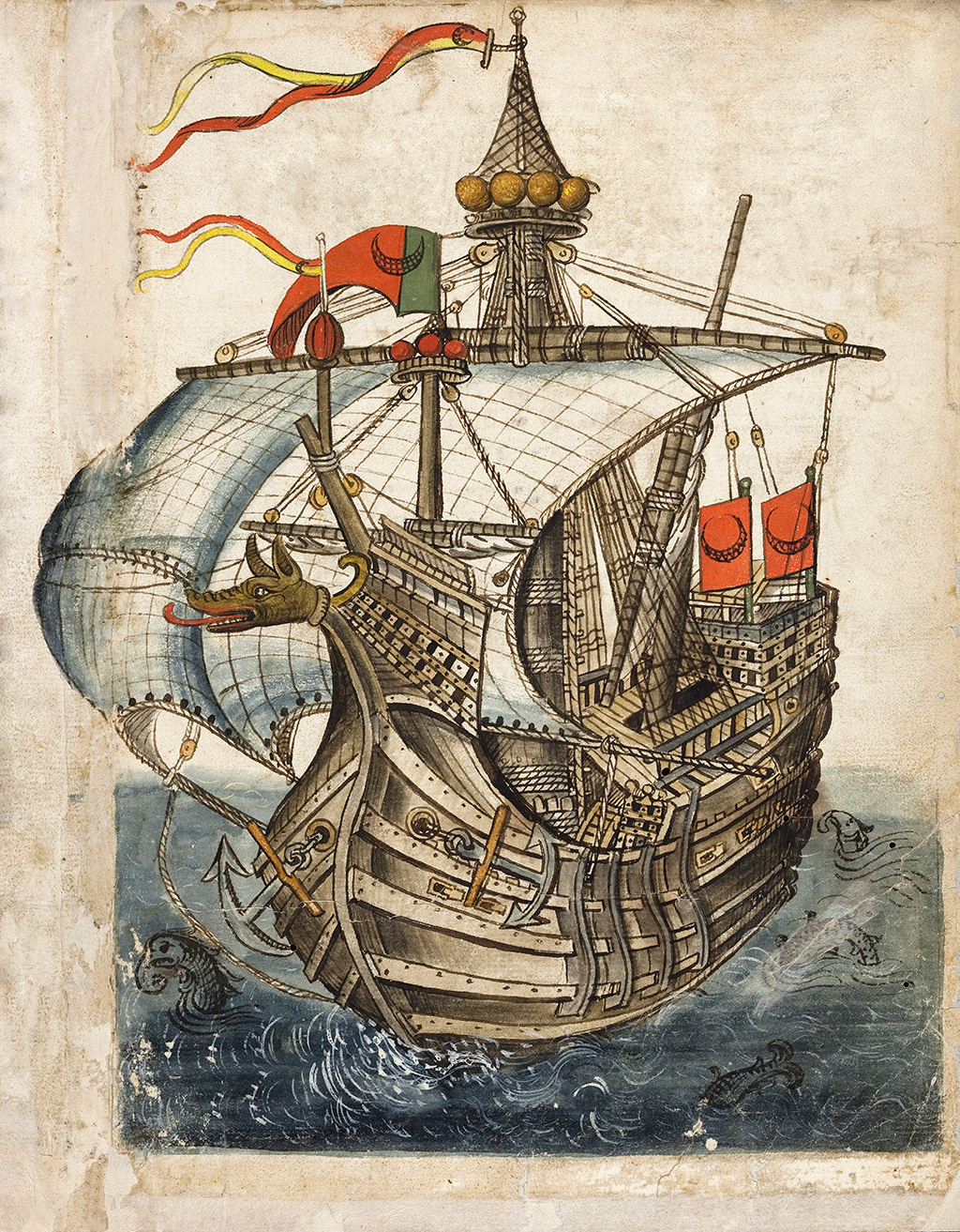 Die farbige Federzeichnung aus dem Reisebericht von Konrad von Grünenberg über seine Reise ins Heilige Land zeigt ein türkisches Schiff aus der Zeit um 1487.