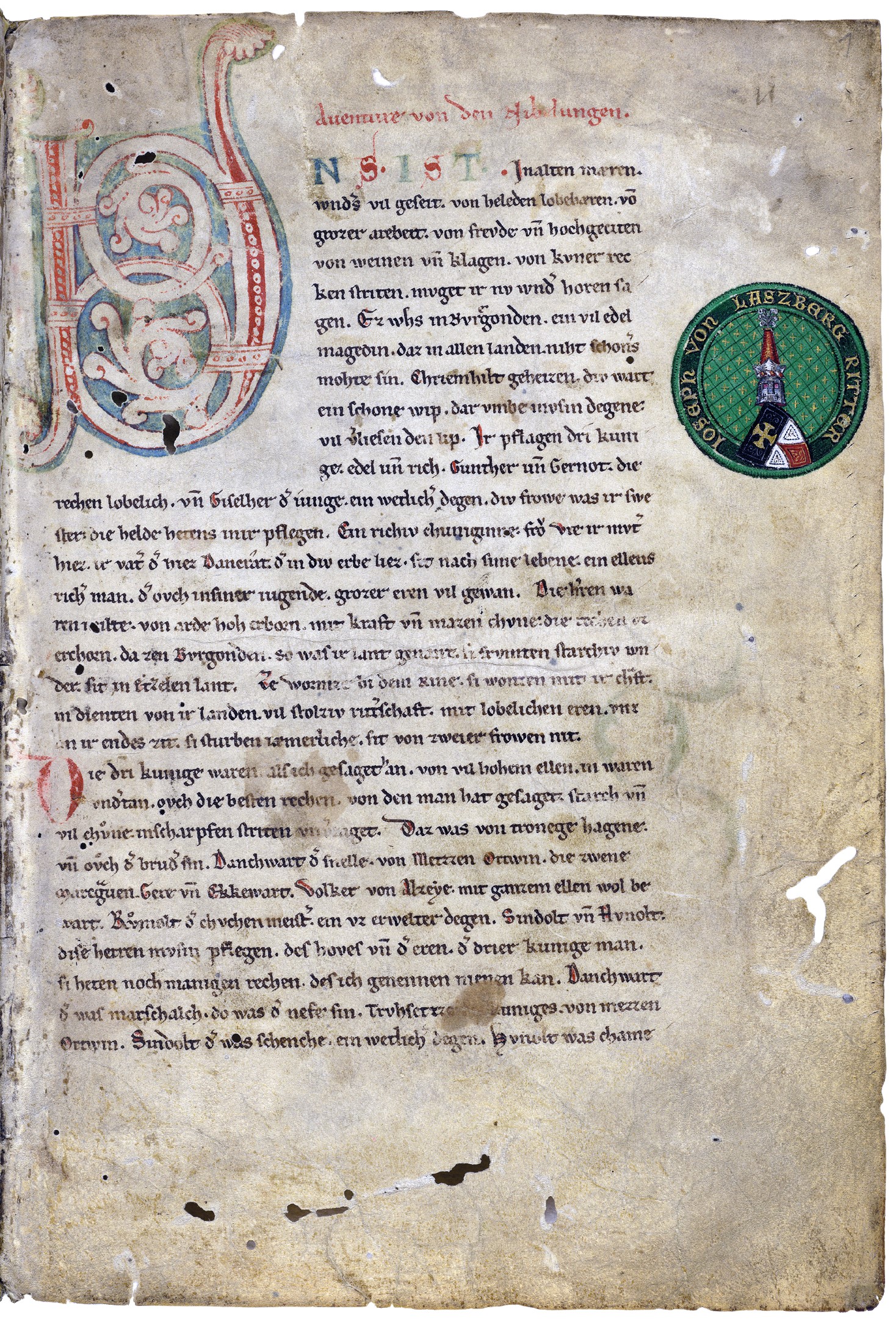 Zu sehen ist die erste Seite der Nibelungenliedhandschrift C mit dem Wappenexlibris des Joseph von Laßberg.