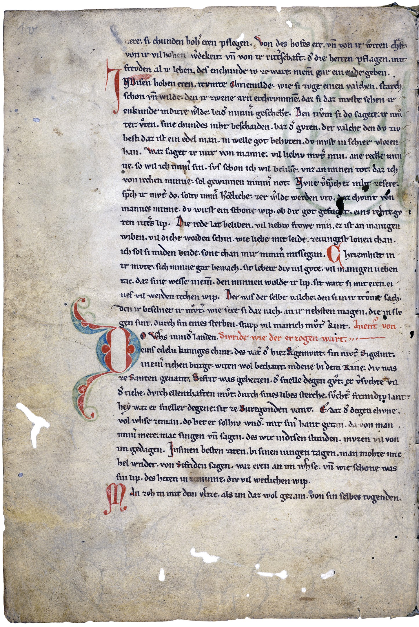 Zu sehen ist die Rückseite des ersten Blattes der Nibelungenliedhandschrift C.