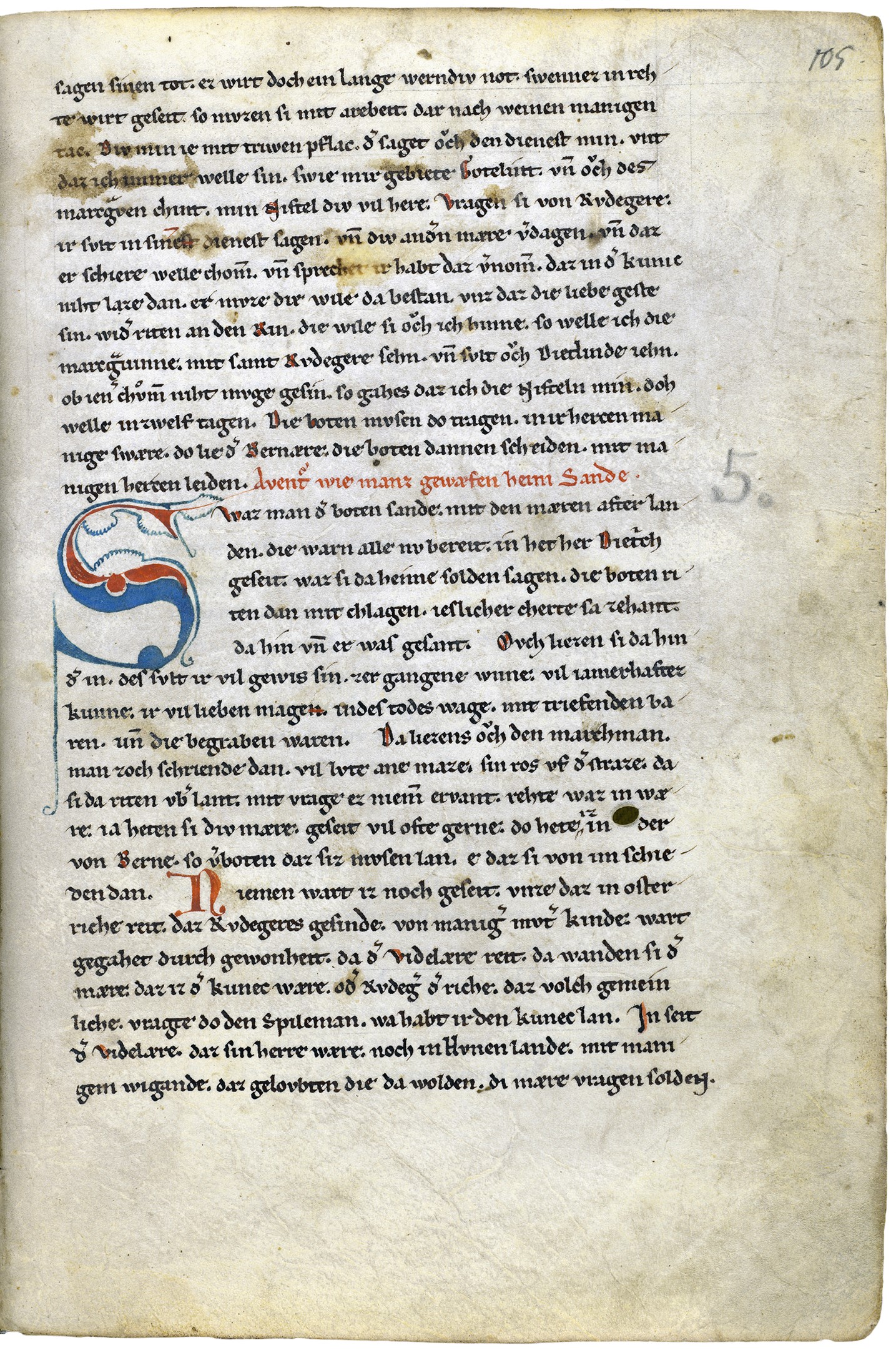 Zu sehen ist di Vorderseite von Blatt 105 der Nibelungenliedhandschrift C.