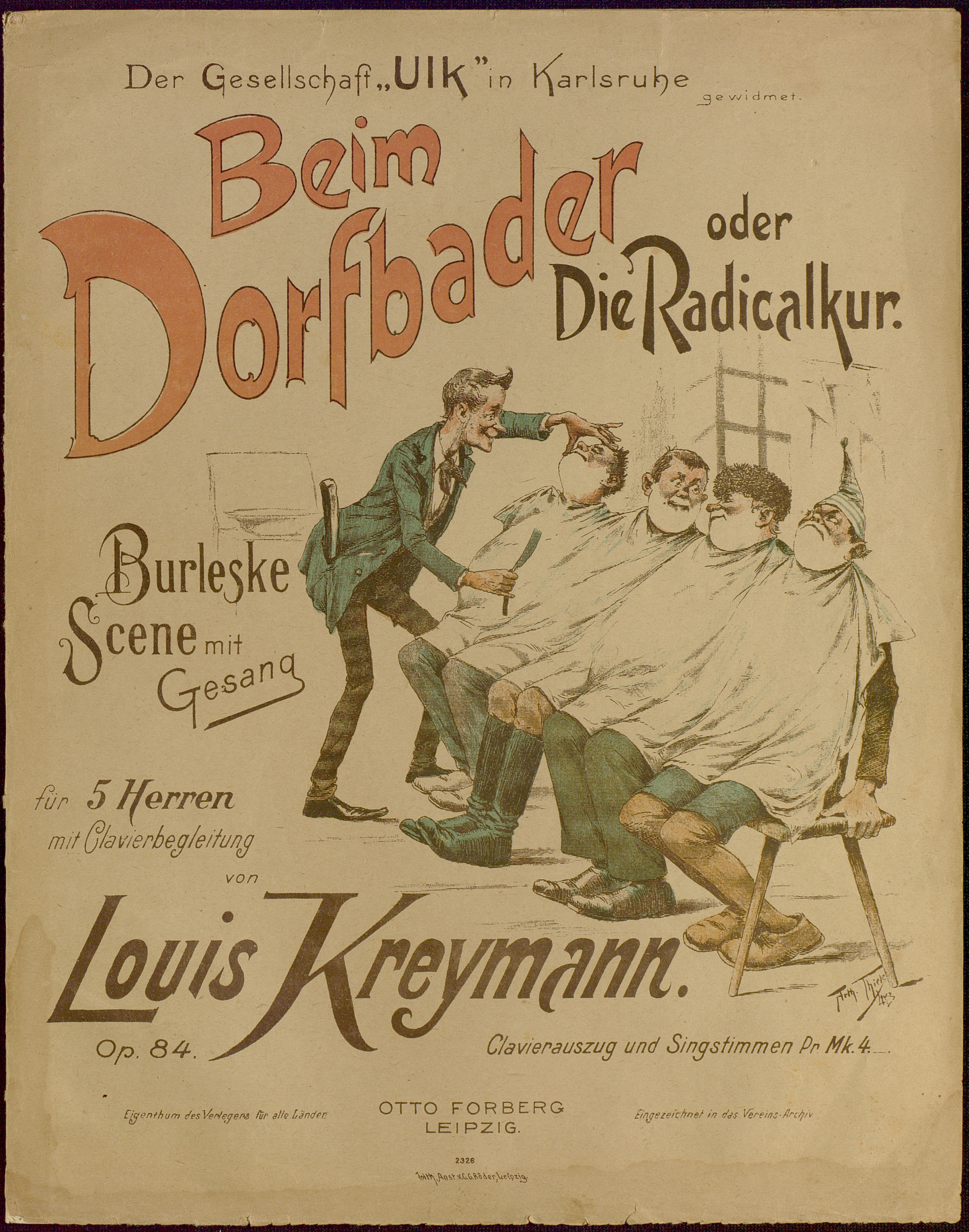 Cover von Louis Kreymann's "Beim Dorfbader oder Die Radicalkur." Zu sehen ist eine Reihe Männer mit Rasierschaumbärten auf Stühlen sowie einem Barbier.
