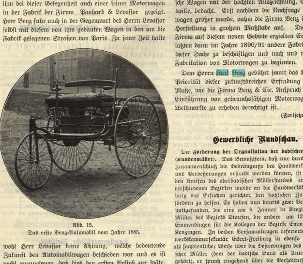 Zu sehen ist ein älterer Zeitungsausschnitt. Neben Text ist auch noch eine Fotografie einer motorisierten Kutsche zu erkennen. 
